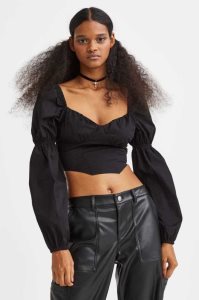 Blusas H&M Puff-sleeved Crop Mujer Negros | 840795AKY