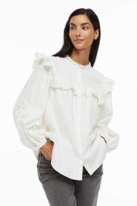 Blusas H&M Ruffle-trimmedEyelet Embroidery Mujer Creme | 904218BYL