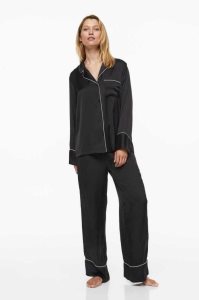 Ropa De Dormir H&M Satin Pajama Shirt and Pants Mujer Negros | 159643NCX