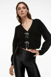 Suéteres H&M Rhinestone-bow Rib-knit Cardigan Mujer Negros | 423987ZRB