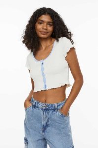 Tops H&M Button-front Crop Mujer Creme | 805632OHD