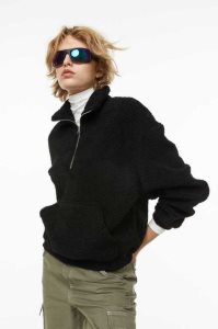 Tops H&M Half-zip Teddy Sweatshirt Mujer Negros | 518429LDP