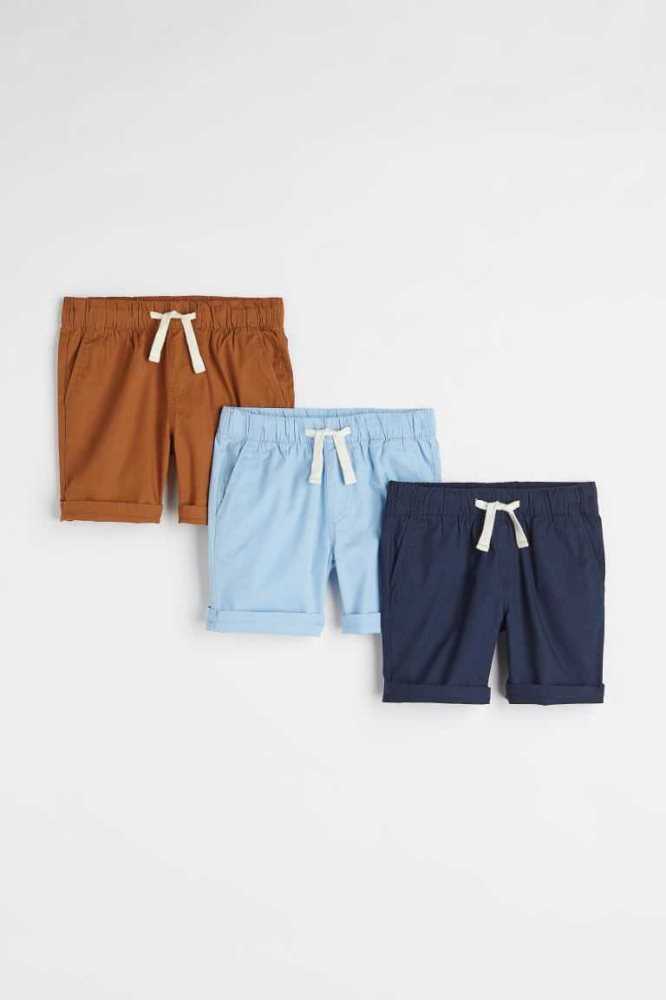 Bermudas H&M 3-pack Algodon Niños Azul Marino Azules Azules Claro Marrom | 519764TIN