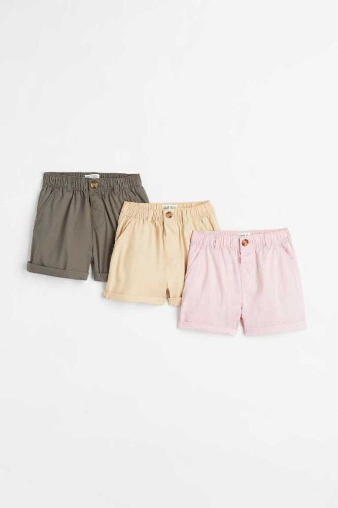 Bermudas H&M 3-pack Algodon Poplin Niños Kaki Verdes Amarillos Rosas | 648713HQS