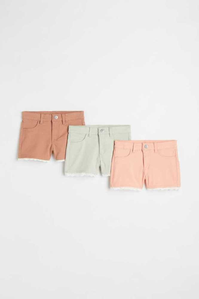 Bermudas H&M 3-pack Encaje-trimmed Twill Niños Rosas Beige Oscuro | 850739TMB