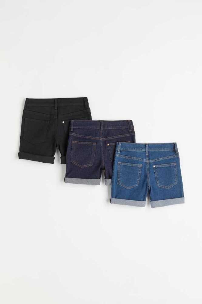 Bermudas H&M 3-pack Flaco Fit Denim Niños Negros Azules | 604789RHV