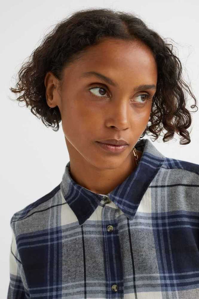 Blusas H&M Algodon Flannel Shirt Mujer Azules Oscuro | 074385PAK