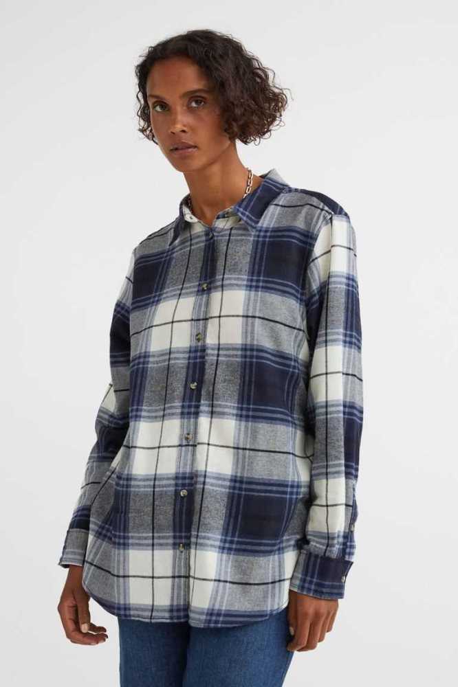 Blusas H&M Algodon Flannel Shirt Mujer Azules Oscuro | 074385PAK