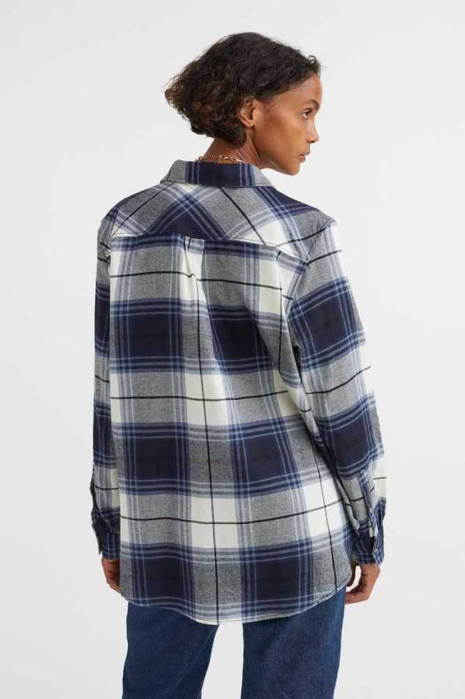 Blusas H&M Algodon Flannel Shirt Mujer Azules Oscuro | 074385PAK