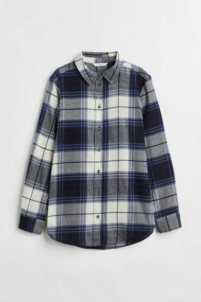 Blusas H&M Algodon Flannel Shirt Mujer Azules Oscuro | 074385PAK