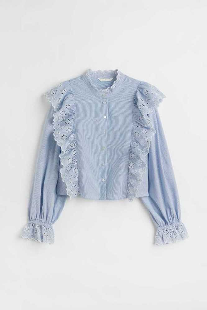 Blusas H&M Broderie-detail flounced Mujer Azules Claro | 709436PGX