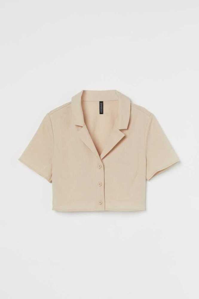 Blusas H&M Crop Shirt Mujer Beige Claro Blancos | 067458QTL