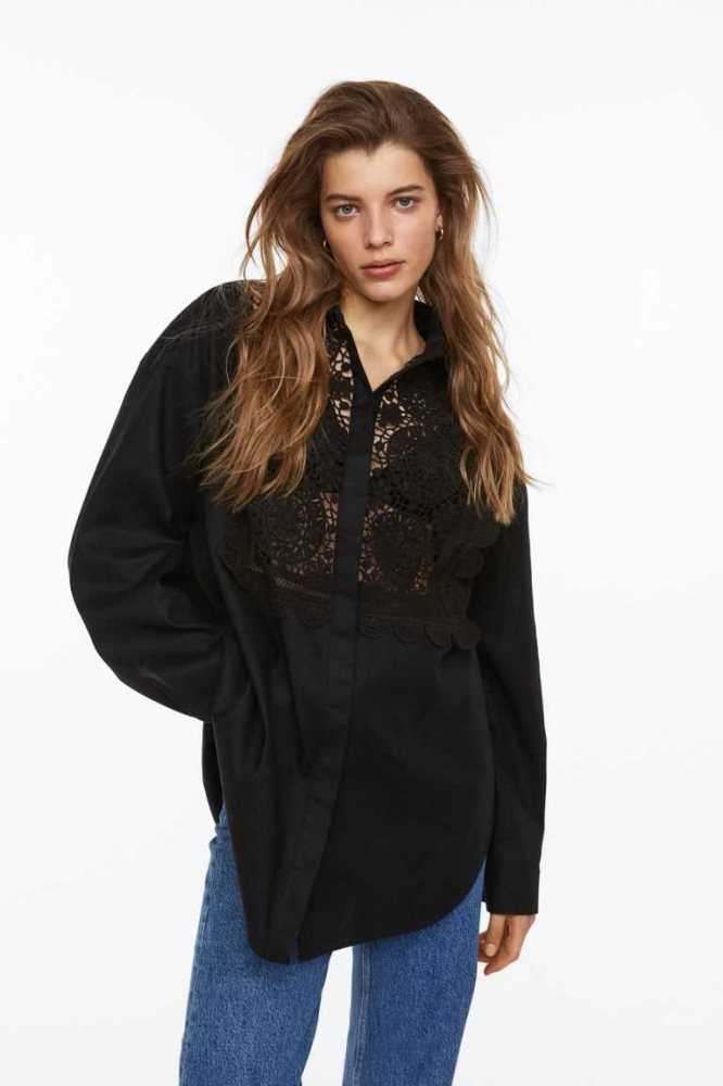 Blusas H&M Encaje-detail Shirt Mujer Negros | 463957CJR