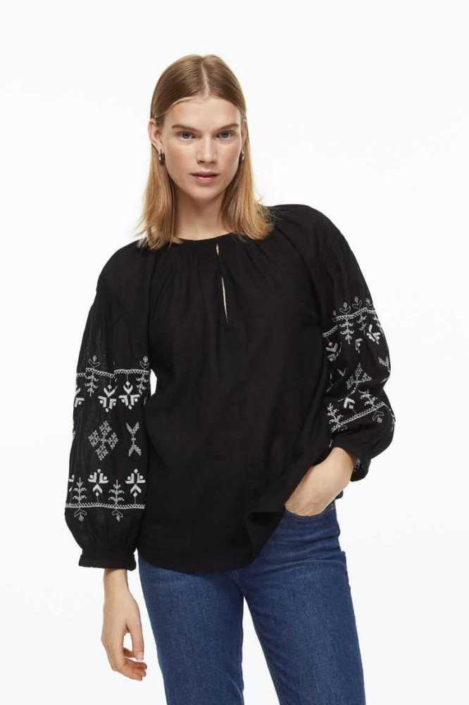 Blusas H&M Linen-blend Embroidered Mujer Negros Blancos | 926538APH