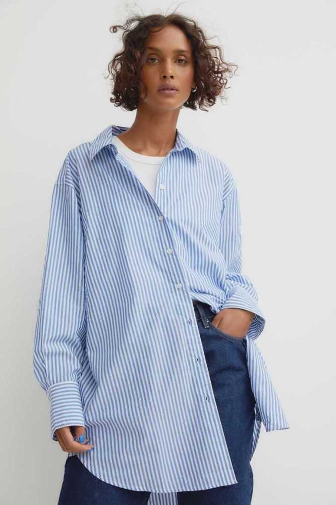 Blusas H&M Long Algodon Shirt Mujer Azules | 358426TJO