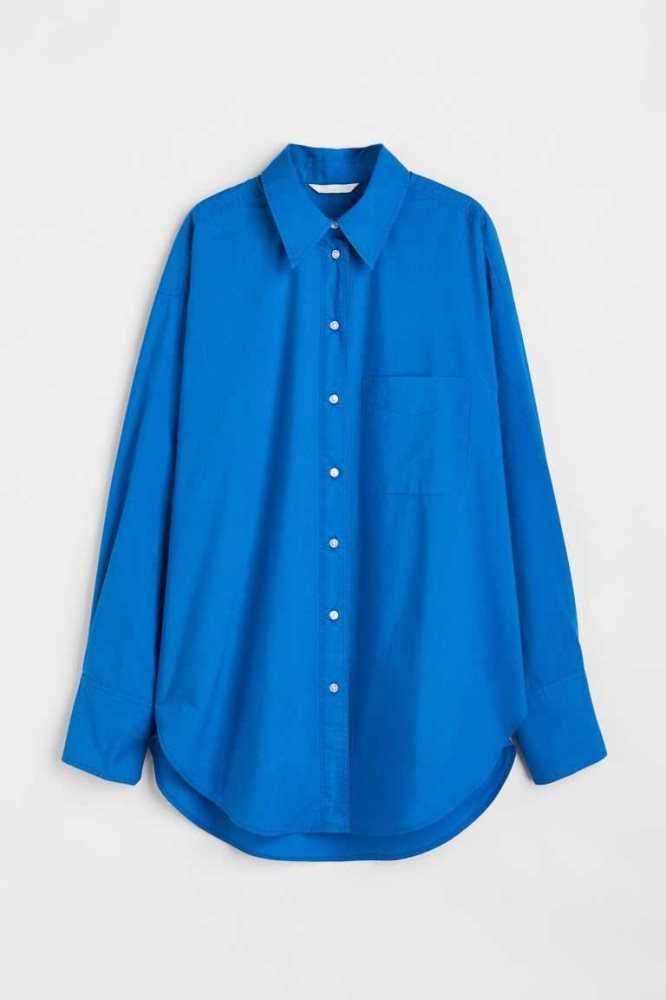 Blusas H&M Oversized Algodon Shirt Mujer Azules Claro | 506198ZIF