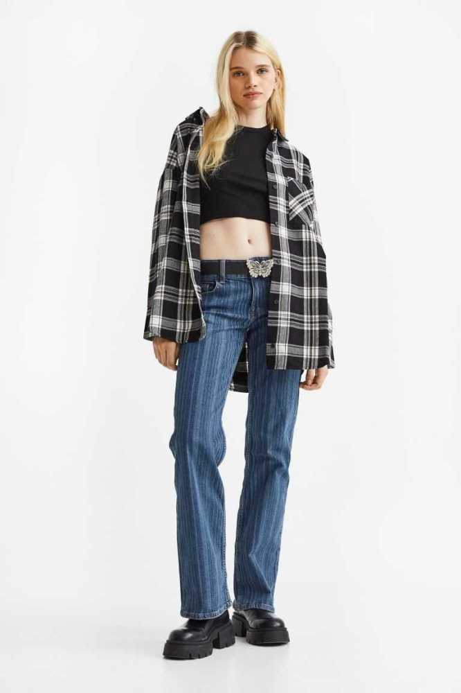 Blusas H&M Oversized Flannel Shirt Mujer Negros Blancos | 029671FEQ