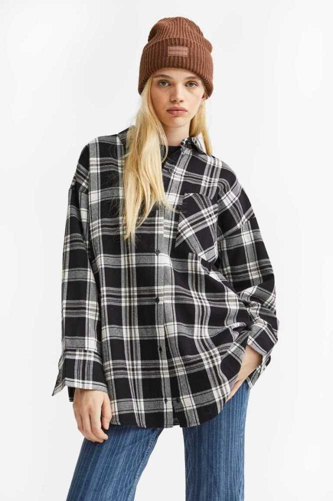 Blusas H&M Oversized Flannel Shirt Mujer Negros Blancos | 029671FEQ