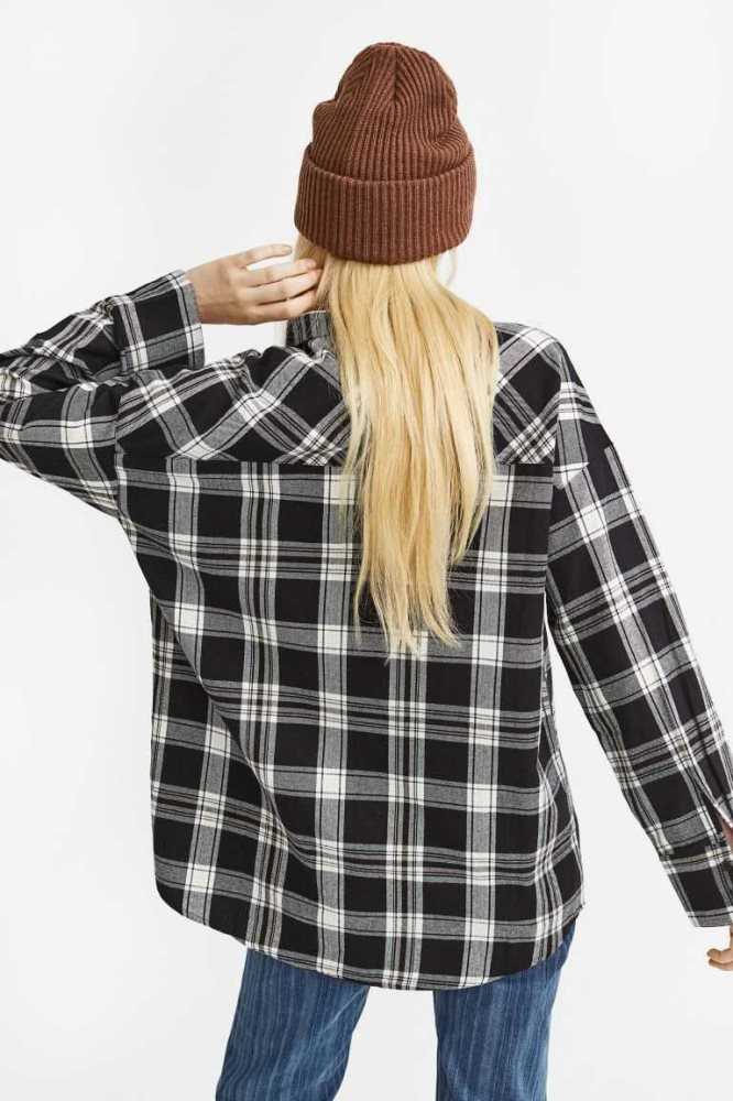 Blusas H&M Oversized Flannel Shirt Mujer Negros Blancos | 029671FEQ