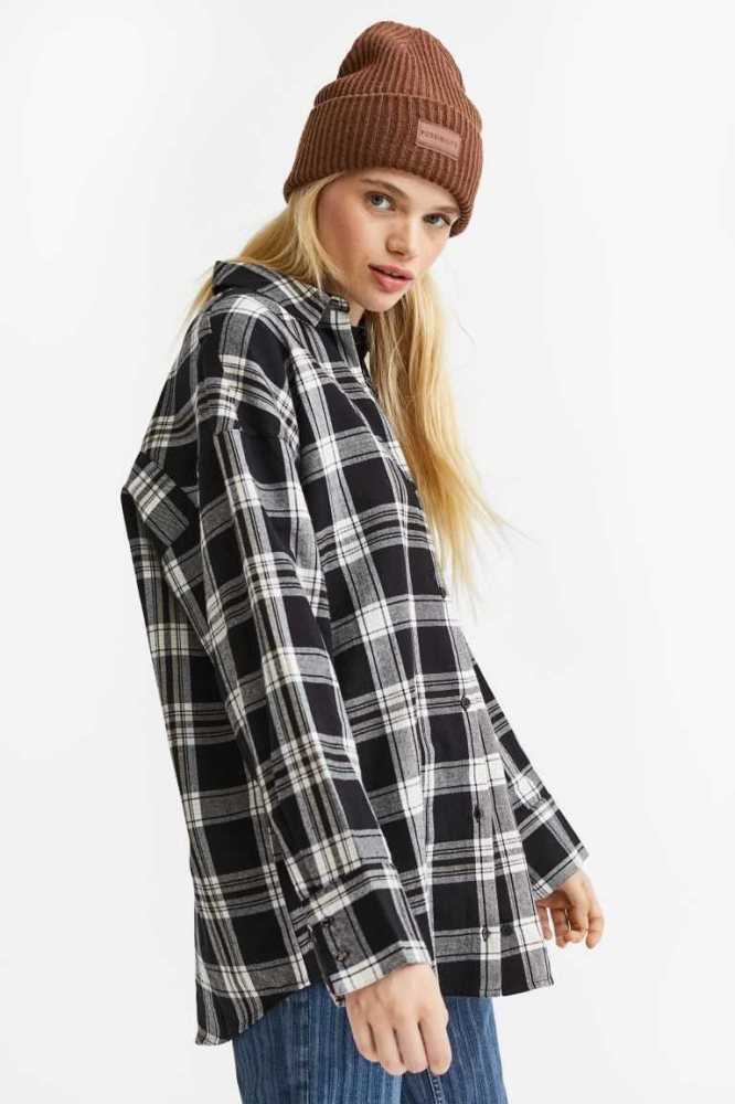 Blusas H&M Oversized Flannel Shirt Mujer Kaki Oscuro Verdes | 387145NIY