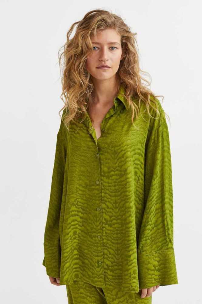 Blusas H&M Patterned Viscose Shirt Mujer Verde Oliva Verdes | 756018QYO