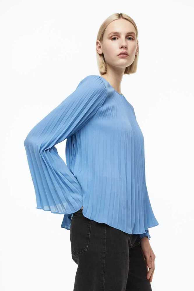 Blusas H&M Plisado Mujer Azules Claro | 785341XEA