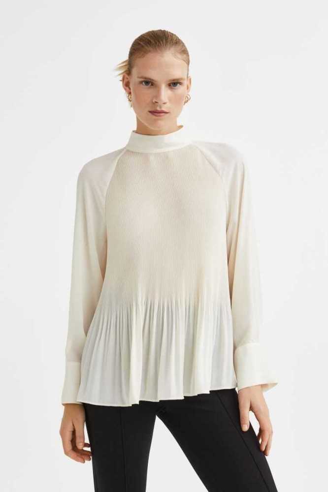 Blusas H&M Plisado Mujer Creme | 823056GEZ