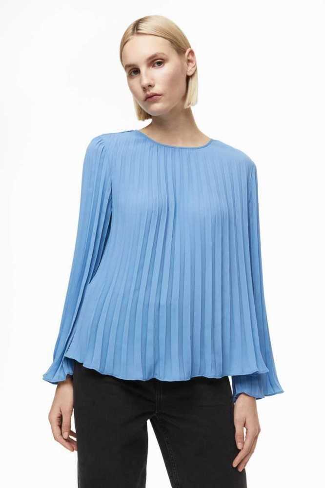 Blusas H&M Plisado Mujer Turquesa | 349526ULC