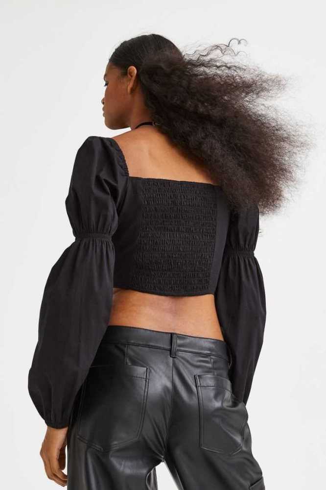 Blusas H&M Puff-sleeved Crop Mujer Negros | 840795AKY