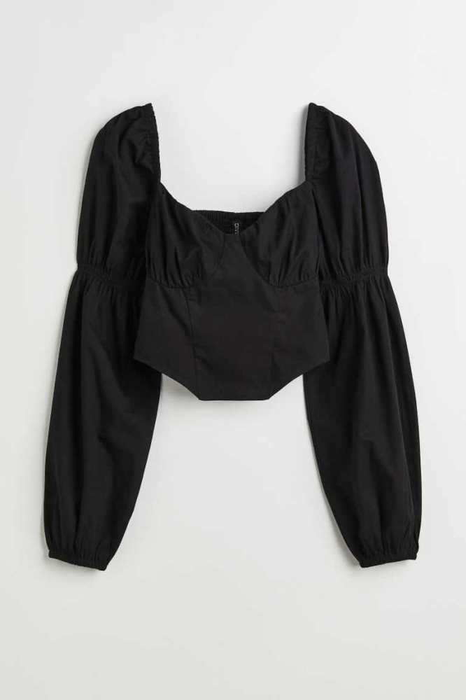 Blusas H&M Puff-sleeved Crop Mujer Negros | 840795AKY