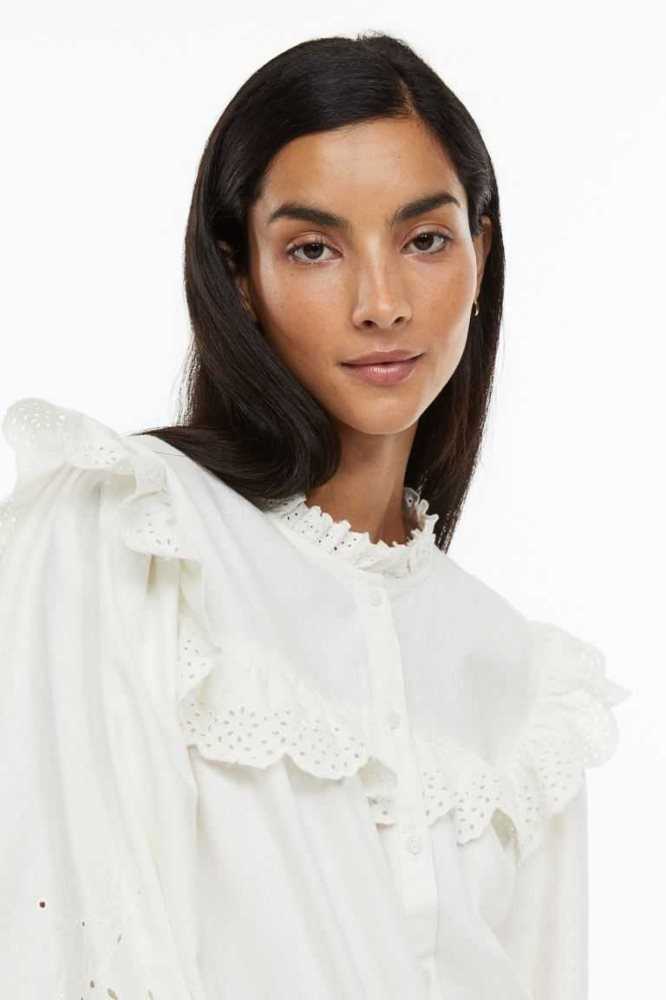 Blusas H&M Ruffle-trimmedEyelet Embroidery Mujer Creme | 904218BYL