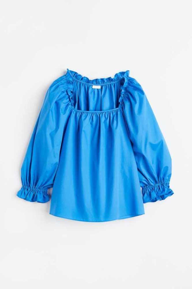 Blusas H&M Ruffle-trimmed Algodon Mujer Negros | 062743ZAC