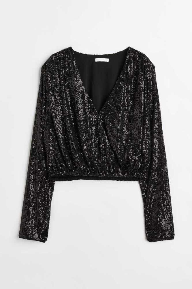 Blusas H&M Sequined Wrapover Mujer Negros | 956487FNC