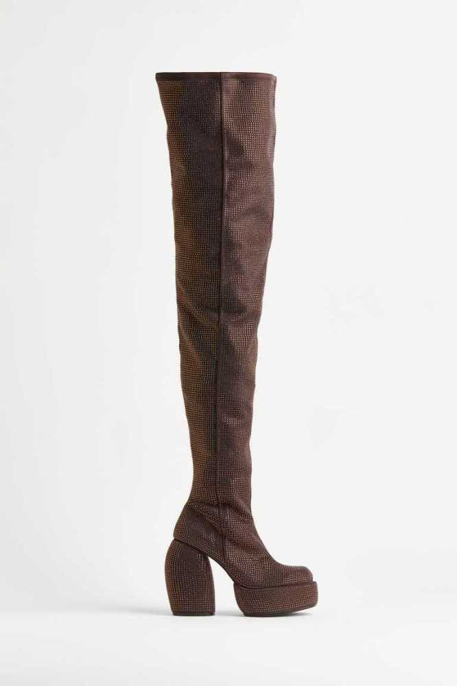 Botas H&M Sequined Thigh-high Plataforma Mujer Marrom Oscuro | 092483HCU