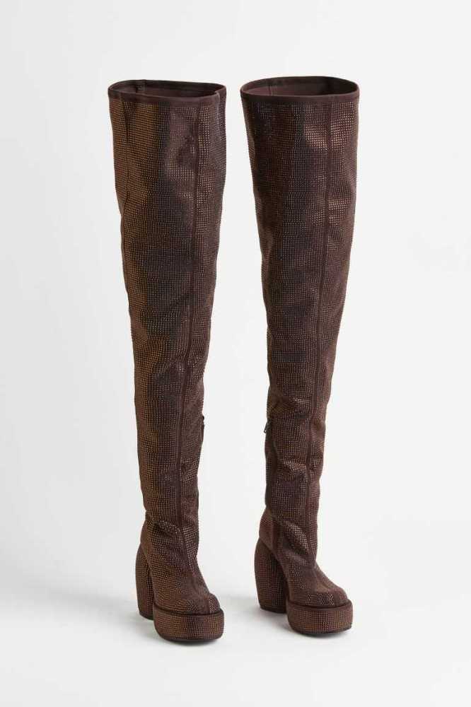 Botas H&M Sequined Thigh-high Plataforma Mujer Marrom Oscuro | 092483HCU