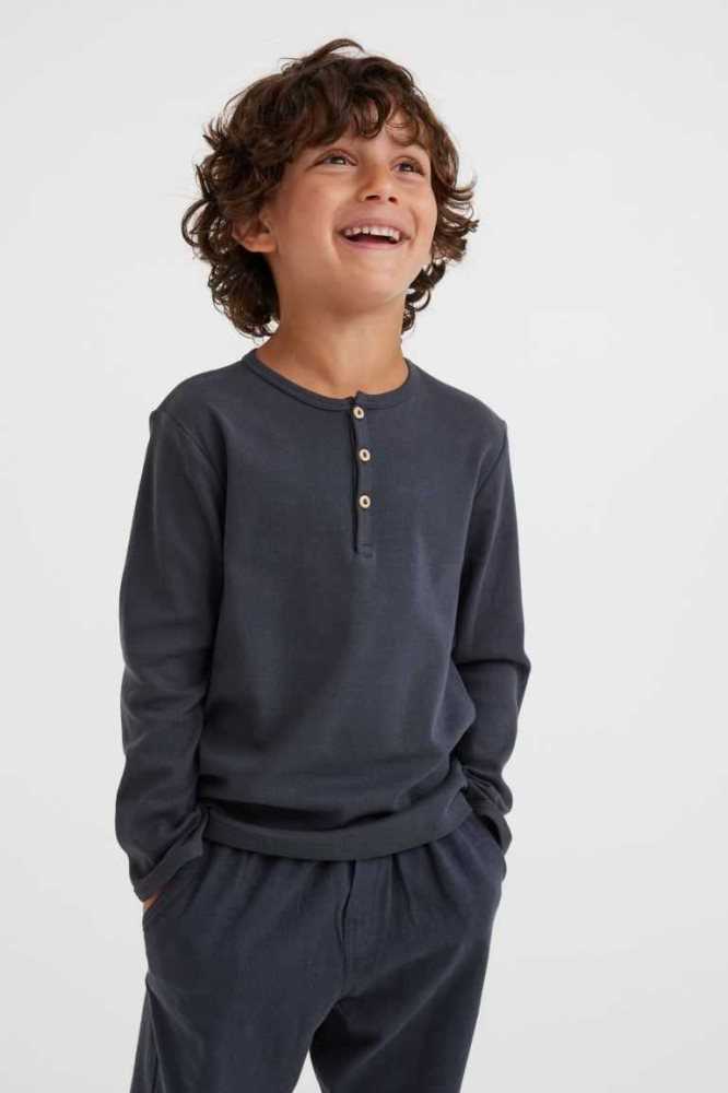 Camisas H&M 3-pack Algodon Henley Niños Marrom Oscuro Grises Claro | 804512MFV