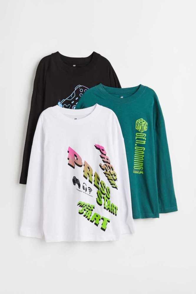 Camisas H&M 3-pack Long-sleeved Printed Niños Negros Verdes | 185702ROP