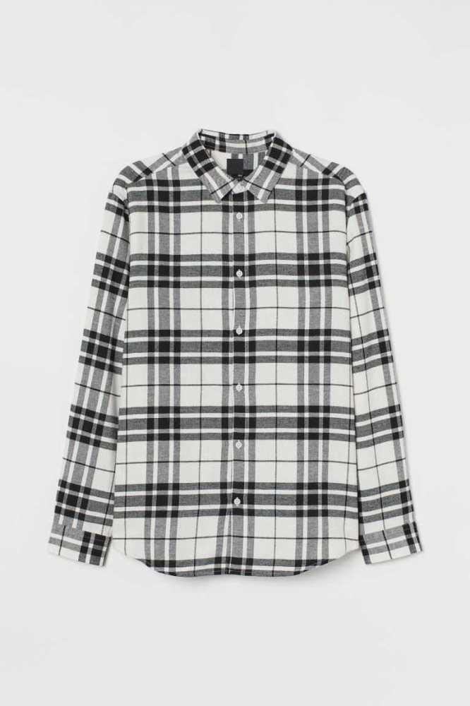 Camisas H&M Regular Fit Plaid Hombre Negros Blancos | 673415XML