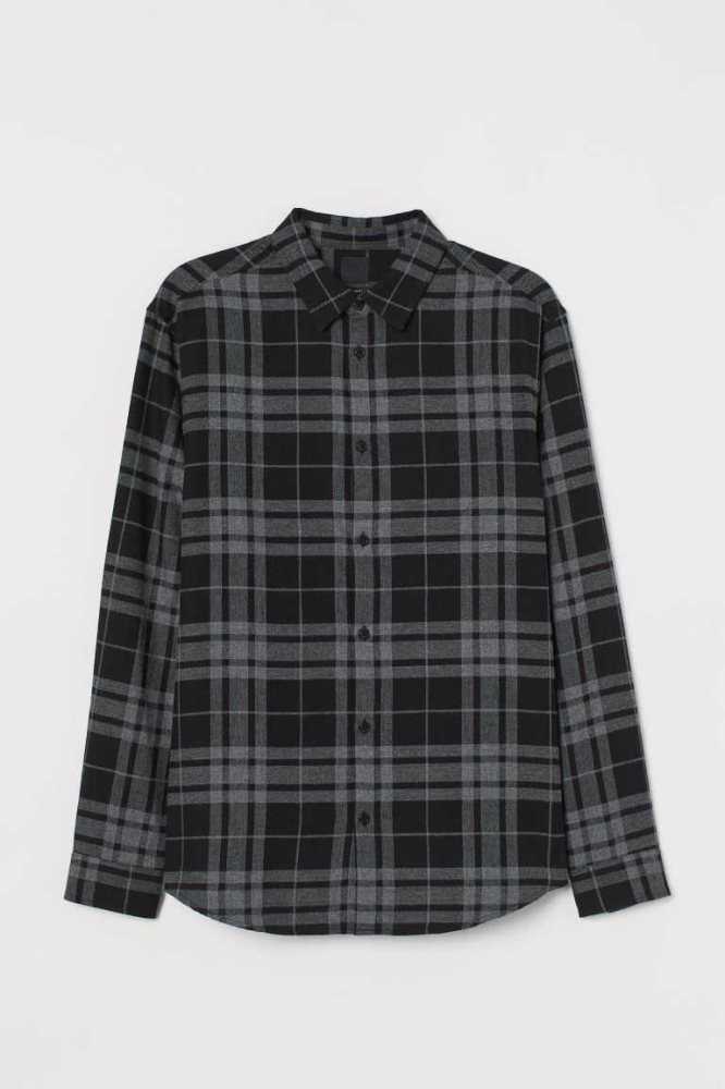 Camisas H&M Regular Fit Plaid Hombre Negros Blancos | 673415XML