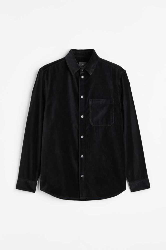 Camisas H&M Regular Fit Velvet Hombre Negros | 281965YDQ