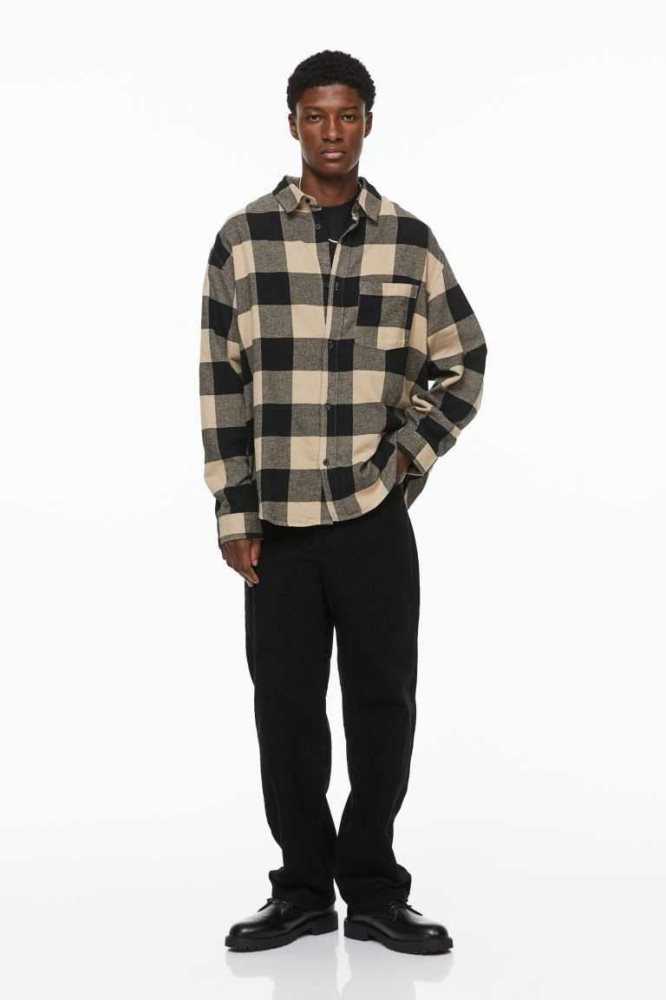 Camisas H&M Relaxed Fit Flannel Hombre Beige Negros | 752310GFH