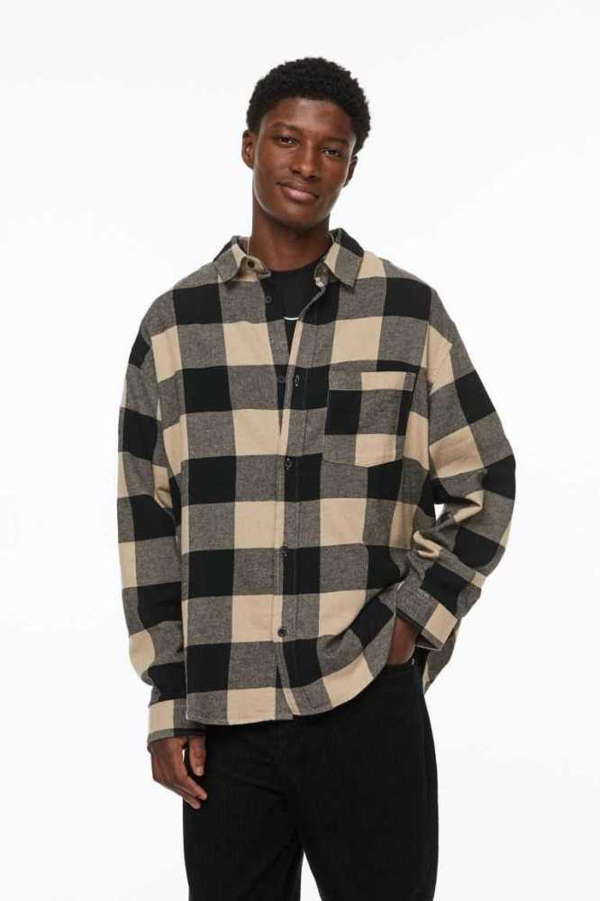 Camisas H&M Relaxed Fit Flannel Hombre Beige Negros | 752310GFH