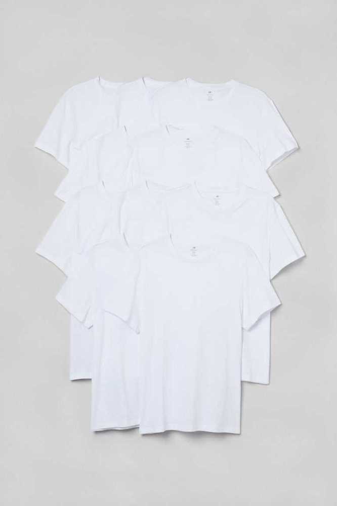 Camiseta H&M 10-pack Regular Fit Crew-neck Hombre Blancos Beige Turquesa | 247058EXD