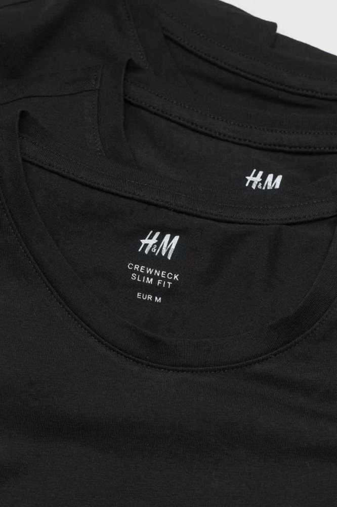 Camiseta H&M 3-pack Slim Fit Jersey Hombre Marrom Oscuro Grises Azules | 792350JTH