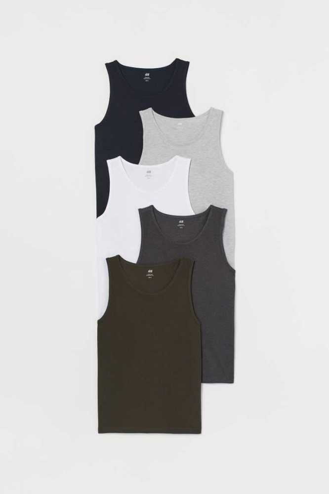 Camiseta H&M 5-pack Regular Fit Tank Tops Hombre Azules Claro Grises Verdes | 156490MYW