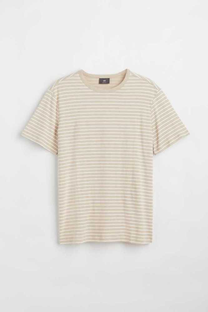 Camiseta H&M Regular Fit Linen-blend Hombre Beige Claro Blancos | 678412YHZ