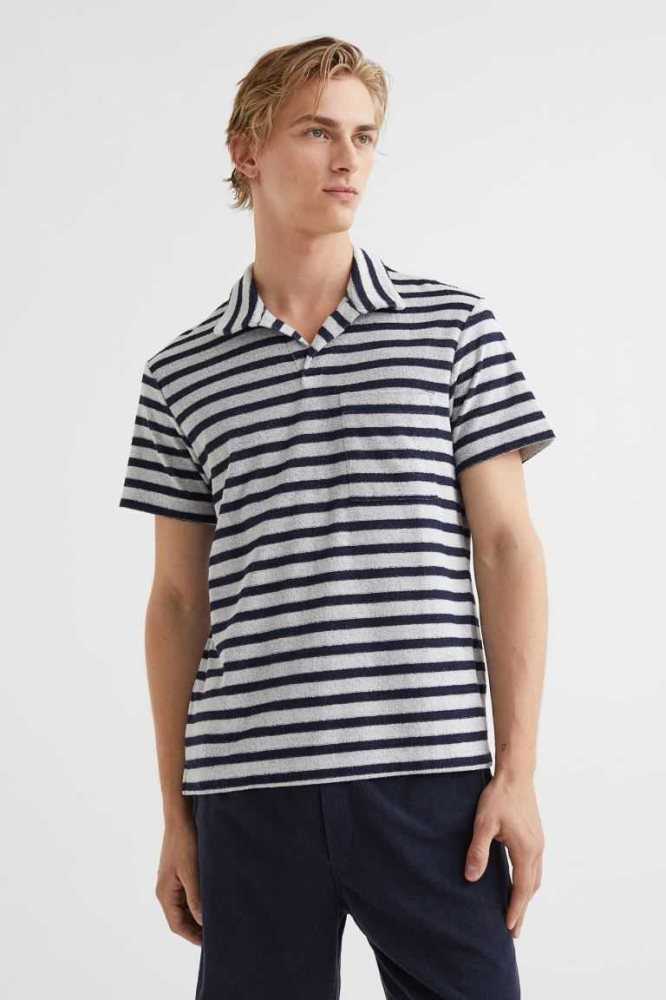 Camiseta H&M Regular Fit Terry Hombre Azul Marino Azules Blancos | 204685BQN