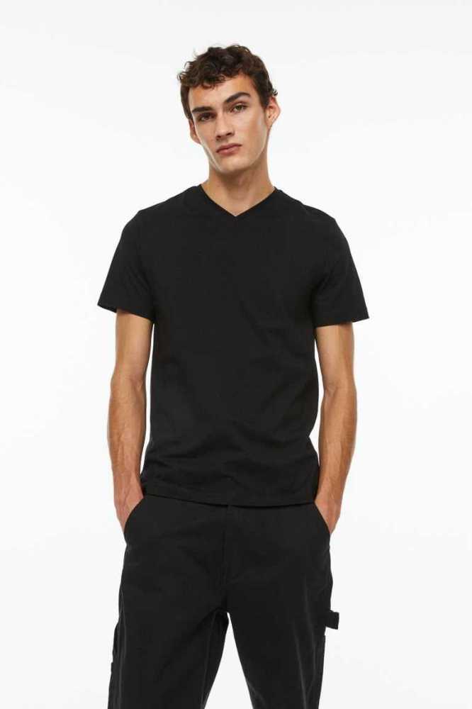 Camiseta H&M Slim Fit V-neck Hombre Negros | 492816EPA