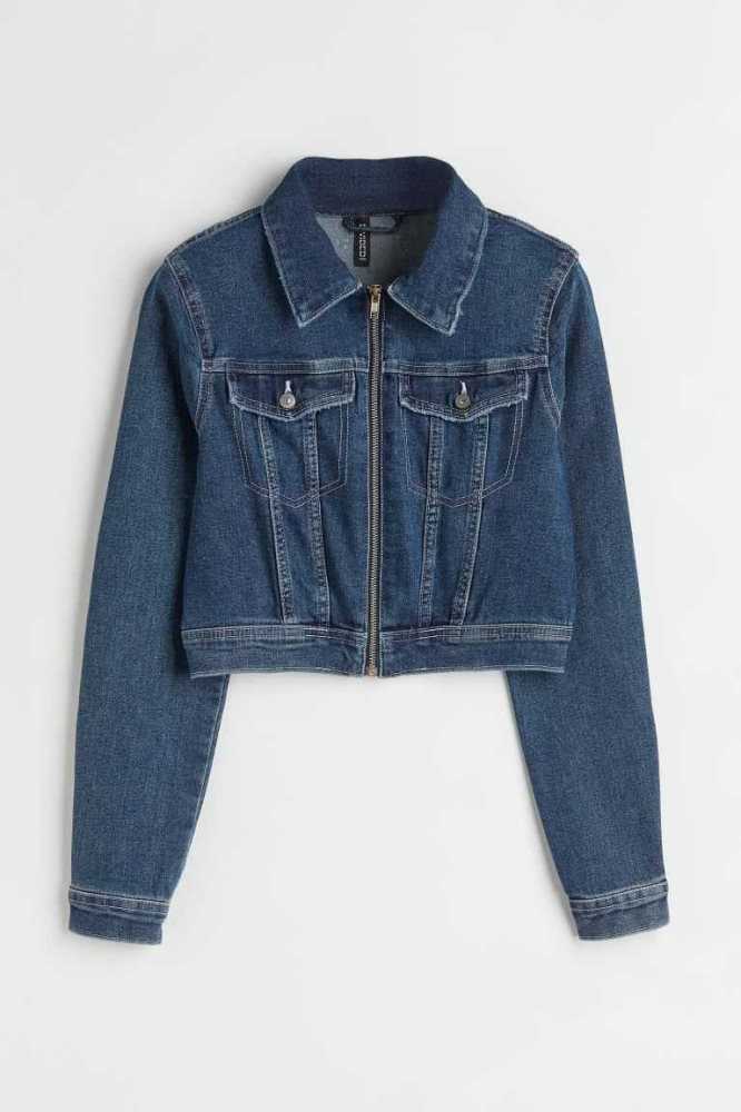 Chaquetas H&M Denim Crop Mujer Azules Oscuro | 073829WSQ