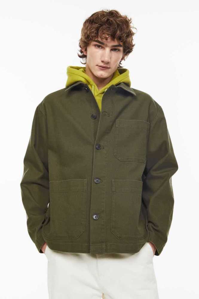 Chaquetas H&M Regular Fit Twill Shacket Hombre Kaki Oscuro Verdes | 981402ZTU